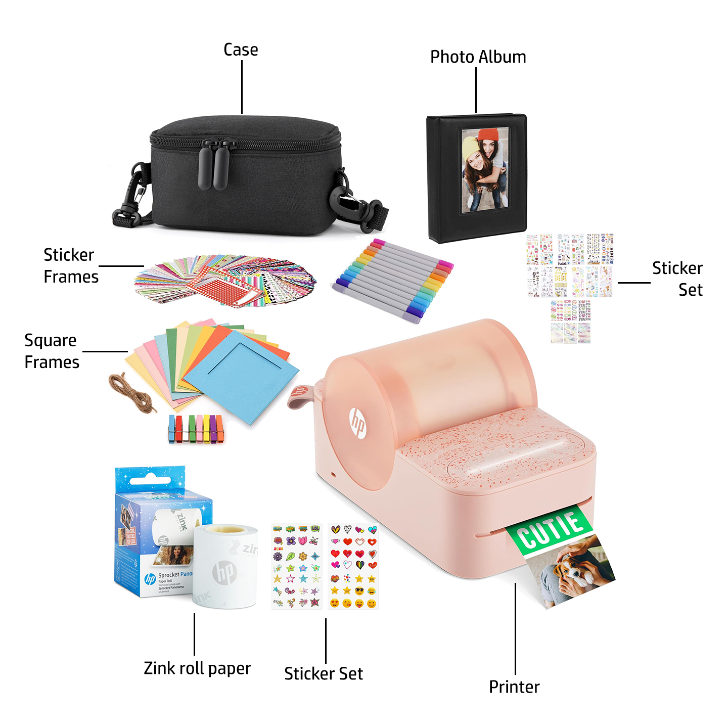 HP Sprocket Panorama Instant Portable Color Label & Photo Printer (Pink) Gift Bundle with case, HP Zink roll, photo album, markers, stickers and frames Sprocket Printers CA