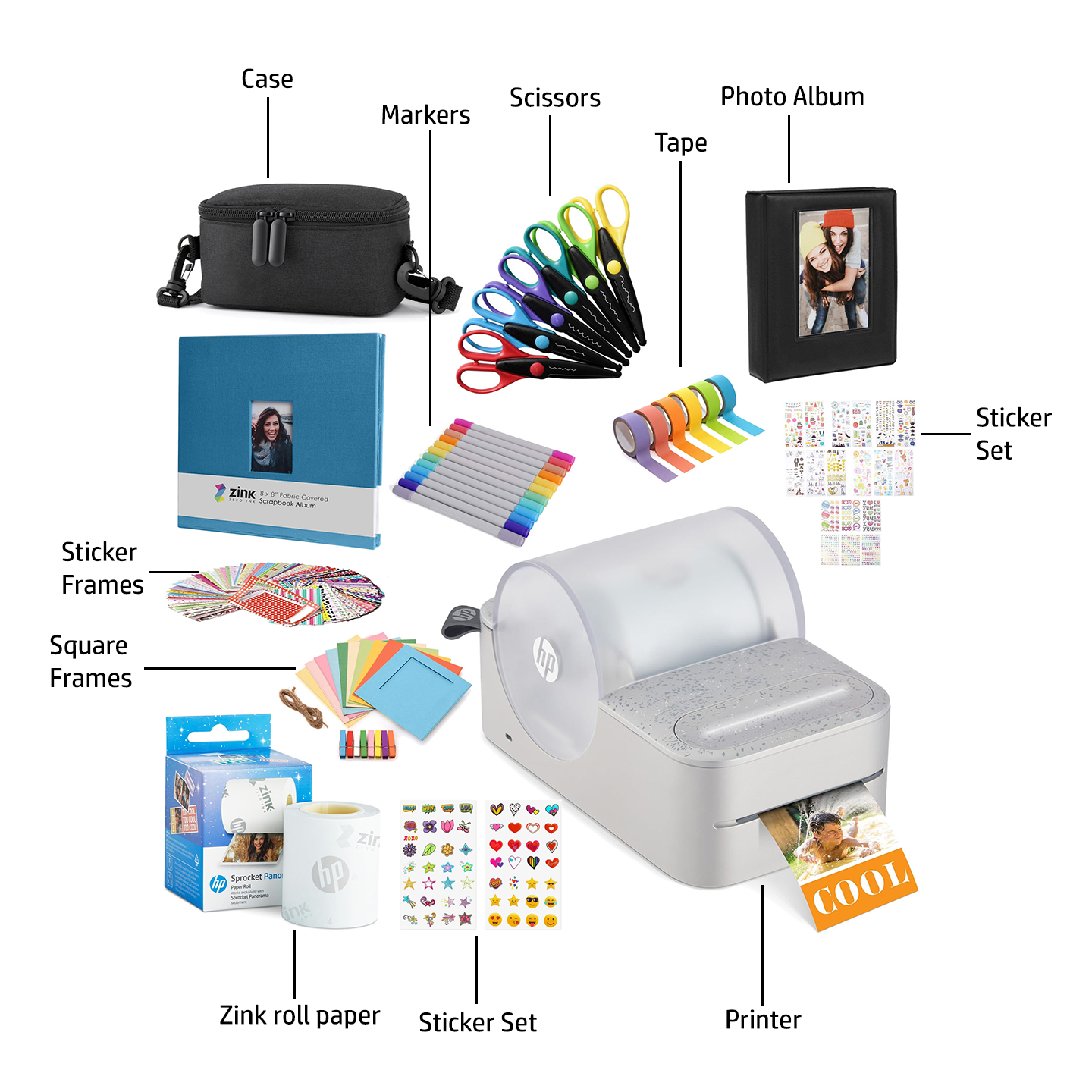 HP Sprocket Panorama Instant Portable Color Label & Photo Printer (Grey) Craft Bundle with case, HP Zink roll, photo album, markers, scissors, tape, stickers and frames Sprocket Printers CA