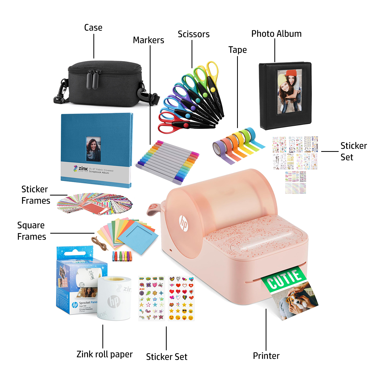 HP Sprocket Panorama Instant Portable Color Label & Photo Printer (Pink) Craft Bundle with case, HP Zink roll, photo album, markers, scissors, tape, stickers and frames Sprocket Printers CA